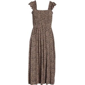 NORDSTROM Stretchy Knit Smocked Tan Animal Print Midi Dress w POCKETS!